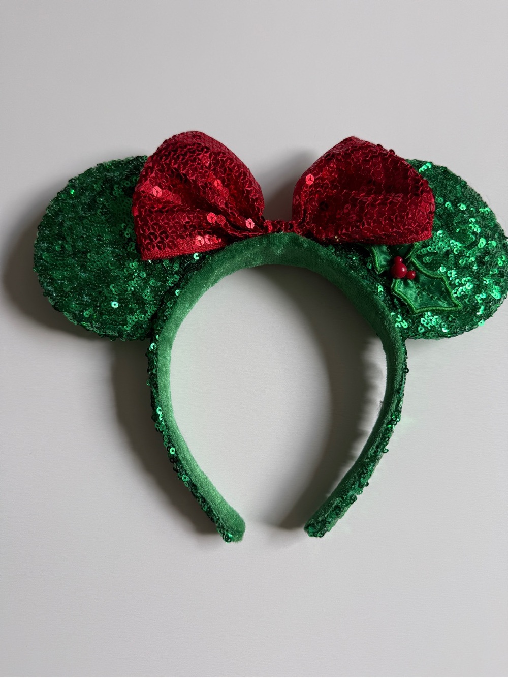 Disney Christmas Green Sequin Holiday Minnie Mouse Ears Headband with Red Bow